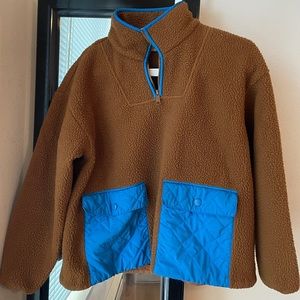 Madewell warm brown and bright blue fleece half-zip, lightly used